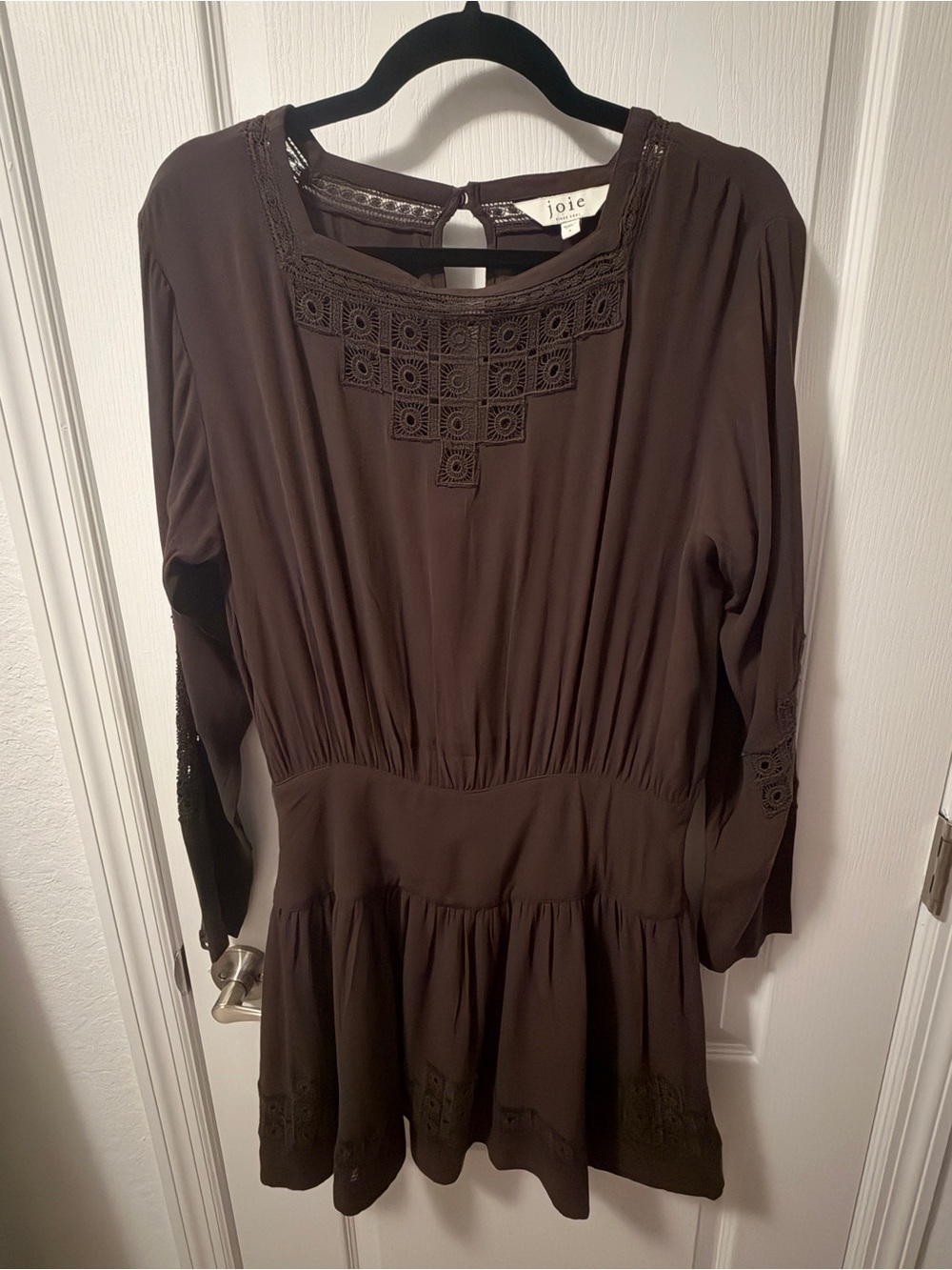 Joie Dark Brown Long Sleeve Crochet-Trim Dress